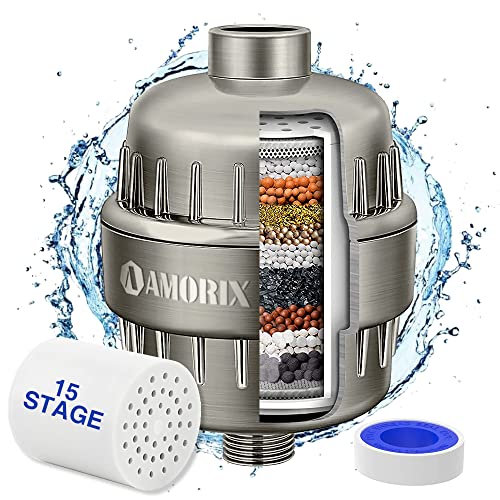 Shower Filter 15 Stages Shower Head Filter for Hard Water High Output Shower Filter Reduces Dry Skin, Itchy Scalp - Improves Skin Condition (Brushed Nickel) - color: Brushed Nickel, style: Shower Filter