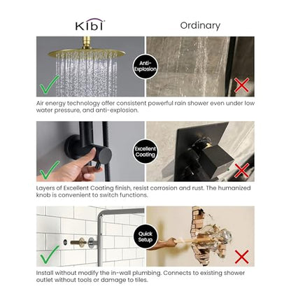 KIBI Wall-Mounted Rain Shower Column, Brass Valve, Brushed Brass, KSC403 | 10-inch Wide-Coverage Head, Single-Spray Handheld, Height-Adjustable Slide Bar, Pressure-Balanced, Leak-Free Rough-in Install - color: Brushed Brass