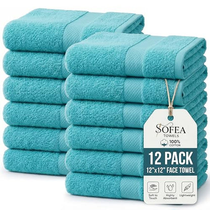 Sofea 100% Cotton Washcloths Set of 12, (12 x 12 Inch) 520 GSM Wash Cloths, Extra Soft Absorbent Quick Dry Face Towels - color: Aqua Green