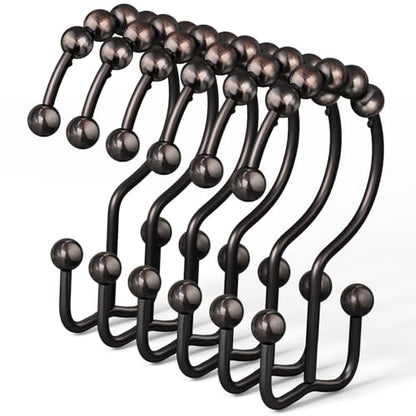DAWNER Shower Curtain Hooks Rings, Rust Proof Hooks, Metal Easy Glide Double Shower Rings Hooks, Stainless Steel Shower Curtain Hangers for Bathroom Shower Curtains, Set of 12 Hooks, Brushed Bronze - color: Brushed Bronze
