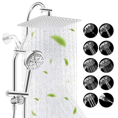 Hibbent High Pressue All Metal 10" Rainfall Shower Head, Handheld 10-Spray | cUPC Certified Chrome Dual Showerhead Combo, 4-way Diverter with Pause Mode, Brass Extension Arm, 71'' Shower Hose & Holder - color: Chrome, style: Square 10"