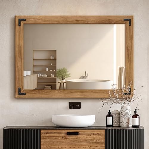 Wood Framed Bathroom Vanity Mirror for Wall, 28"x40" Farmhouse Mirror | Solid Wood Frame, HD Shatterproof Glass, Vertical/Horizontal Hanging, Ideal for Bathroom, Living Room, Bedroom - size: 40"L x 28"W