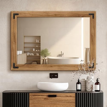 Wood Framed Bathroom Vanity Mirror for Wall, 28"x40" Farmhouse Mirror | Solid Wood Frame, HD Shatterproof Glass, Vertical/Horizontal Hanging, Ideal for Bathroom, Living Room, Bedroom - size: 40"L x 28"W
