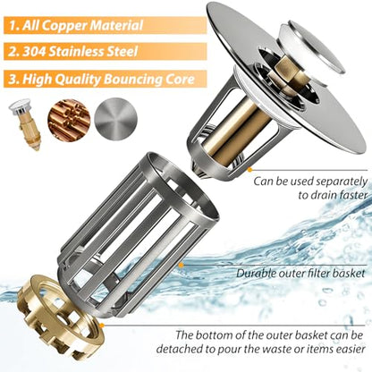 Anlige 3 in 1 Pop Up Bathroom Sink Stopper, Bathroom Sink Drain Strainer, with Removable Basket Hair Catcher, Universal Sink Plug Cover for 1.06 in to 1.6 in Drain, Brushed Nickel - color: Brushed Nickel