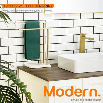 Hand Towel Bars for Bathroom Vanity Countertop 2-Tier Towel Rack Holders Stand with Heavy Marble Base Thicken Steady, Brushed Gold Stainless Steel AN7003GD