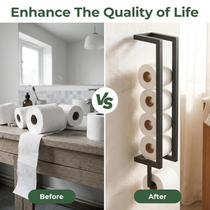 SpaceTime Toilet Paper Holder with Hook for 5 Rolls,Wall Mounted Toilet Paper Storage Holder,Modern Matte Black Carbon Steel Tissue Roll Holder with Reserve Rack for Bathroom,Kitchen & Washroom
