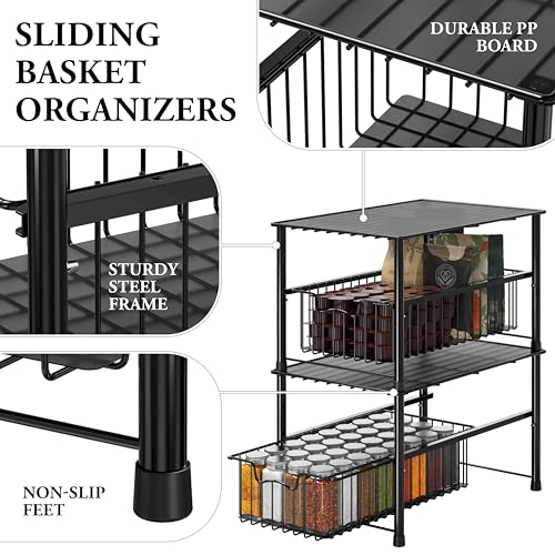 Simple Houseware Wired Stackable Under Sink Cabinet Sliding Basket, Black | Free Standing Organizer Drawer, Kitchen/Pantry/Cabinet/Counter - color: Black