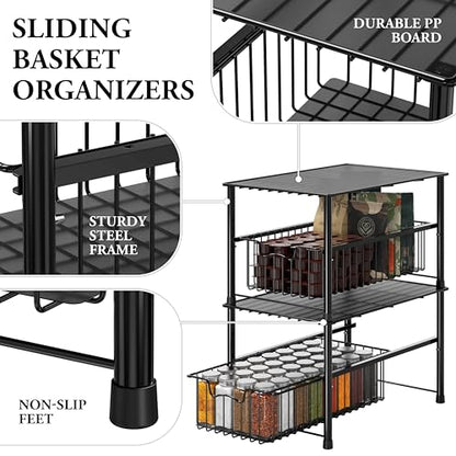 Simple Houseware Wired Stackable Under Sink Cabinet Sliding Basket, Black | Free Standing Organizer Drawer, Kitchen/Pantry/Cabinet/Counter - color: Black