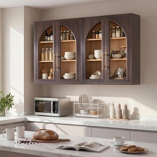 Bathroom Wall Cabinet, 23.5×31.4'' Storage Cabinet, Arched Cabinet Wall Mount with Adjustable Shelf & Glass Doors, Medicine Cabinet for Laundry Room, Bathroom, Kitchen, Living Room, Brown/Natural oak - color: Brown/Natural
