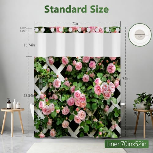 No Hook Floral Shower Curtain with Liner, Washable Cloth Fence Pink Roses Shower Curtain with Mesh Top Window and Weighted Bottom, Waterproof Fabric Summer Shower Curtains for Bathroom, 71"W x 74"L - color: Fence Rose