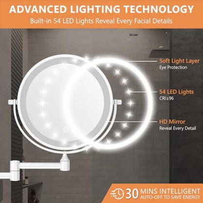 Auxmir 1X/30X Wall Mounted Makeup Mirror, 8" Rechargeable Magnifying Mirror | double-sided button, 3200mAh, 3 dimmable colors, 360° rotation, extended arm, 30X magnification, bathroom, white - color: 8'' 30x-white