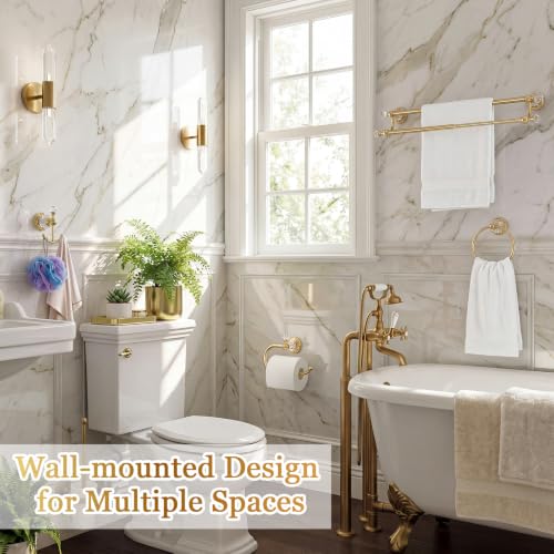 4 Pcs Polished Gold Crystal Bathroom Accessories Set with Adjustable Double Towel Bar & Towel Ring & Toilet Paper Holder & Robe Hook, Wall Mounted Bath Hardware Fixture Set (Style 10) - color: Style 10