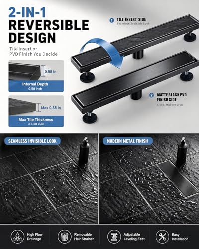 24 Inch Matte Black Linear Shower Drain | CUPC Certified 2-in-1 Tile Insert for Curbless Showers. 304 Steel, 15.8GPM Flow. Includes Hair Catcher & Adjustable Feet. - color: Matte Black, size: 24in