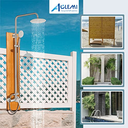 Aolemi Outdoor Shower Kit SUS304 with Round Handheld Brushed Nickel | 2 Function,8 Inch Head,Round Handheld Spray,Adjustable Height,Outside Exposed Shower Fixture,Single Handle,Wall Mount - color: Nickel