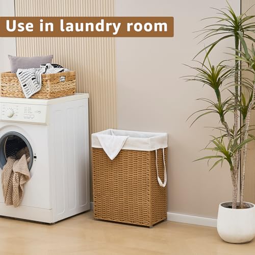 Slim Wicker Laundry Hamper, 55L Handwoven Rattan Basket with Handles, Narrow Laundry Basket with Removable Liner Bag & 2 Mesh Bags - color: Brown, size: 55L