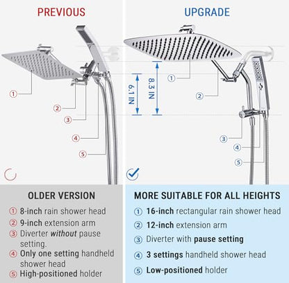 G-Promise 16 Inch All Metal Rain Shower Head with Handheld Spray (Chrome) | Suits Every Height, Pause Mode Diverter, Massage Mode Handheld, Full Body Coverage, Easy to Install, Modern Bath Upgrade - color: Chrome, size: 16 Inch