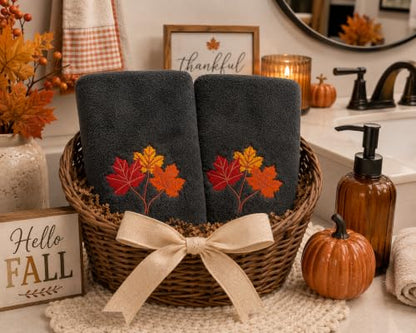Serfina Home Harvest Fall Hand Guest Towels for Bathroom, Embroidered Grey Gray Autumn Leaf Design, 100% Cotton, 16" x 25" Inches, 2 Pc Set - color: Autumn Leaf Grey