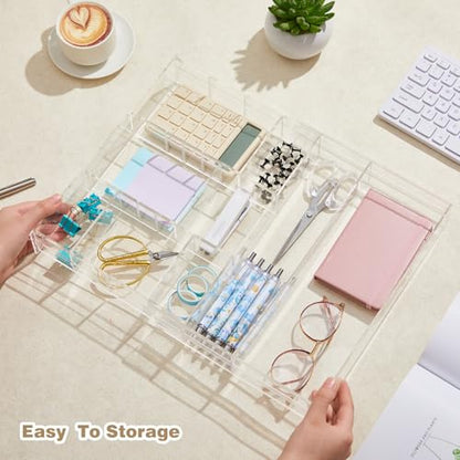 Briwooody 2 Pcs Acrylic Desk Drawer Organizer Maximum 11.8 x 17 x 1.9 Inch Expandable Drawer Organizer Trays with 7 Adjustable Compartments Desk Accessories for Makeup Silverware Office Bathroom - size: 11.8 x 17 x 1.9 Inch