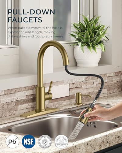 FORIOUS Kitchen Faucet with Soap Dispenser, Pull Down Sprayer, Brushed Gold | High Arc Single Handle, Lead-Free Stainless Steel, 3 mode Sprayer, Classic Bar Sink Faucet for Outdoor Rv Laundry Camper - color: Gold, style: Classic