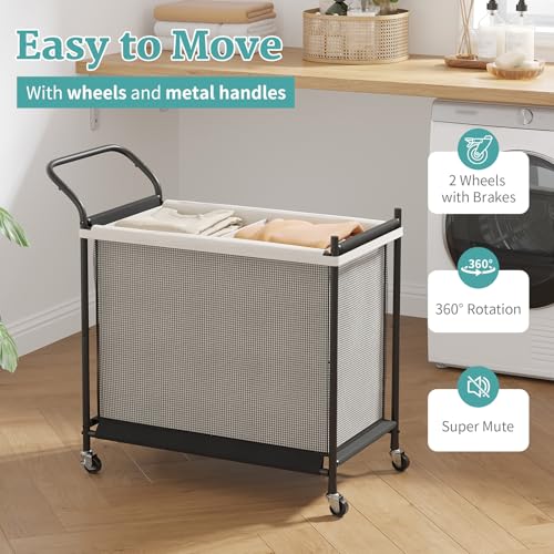 Laundry Hamper with Wheels - 2 Section Laundry Basket 160L, Removable Washable Bags, Height-Fitted Rolling Laundry Cart for Laundry Room & Bedroom - size: 160L(2-Section)