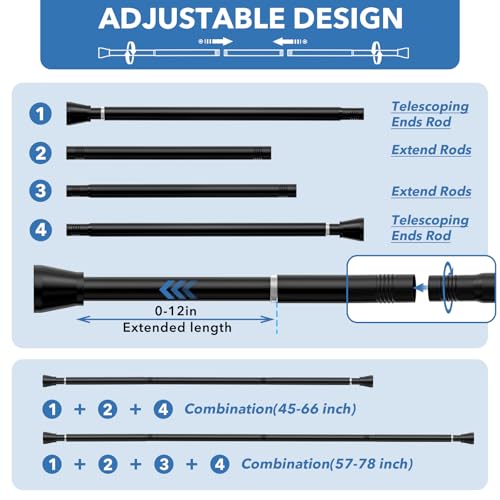 2 Pack Black Shower Curtain Rod - Adjustable 45-77 inch Tension Curtain Rod, Spring loaded Curtain Rod for Bathroom Window - color: Black, size: 45 to 77 inch-2pcs