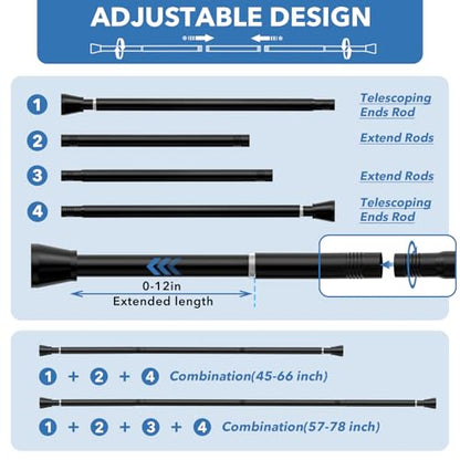 2 Pack Black Shower Curtain Rod - Adjustable 45-77 inch Tension Curtain Rod, Spring loaded Curtain Rod for Bathroom Window - color: Black, size: 45 to 77 inch-2pcs