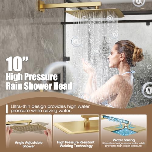 Gabrylly Rain Shower Head with Handheld Spray Combo, 10", Brushed Gold | All Metal Shower System, High Pressure Rainfall Shower Faucet Set, Solid Brass Shower Valve Complete Shower Set for Bathroom - color: Brushed Gold, size: 10 Inch