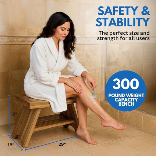 EcoDecors Serenity 30-Inch Teak Shower Bench with Shelf, 300 lb | Spa-style teak bath seat features elegant wood grain and timeless design for a stylish, functional bathroom upgrade - size: 30" shelf