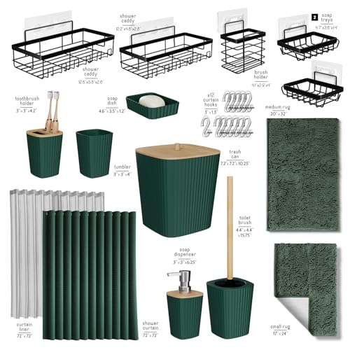 Clara Clark Bathroom Accessories Set - 27PC Bathroom Set with Adhesive Corner Shower Caddy Hanging, Bathroom Sets with Shower Curtain and Rugs, Hunter Green Shower Curtain Set with Bathroom Trash Can | 27 Piece Hunter Green Bathroom Sets with Shower Curta