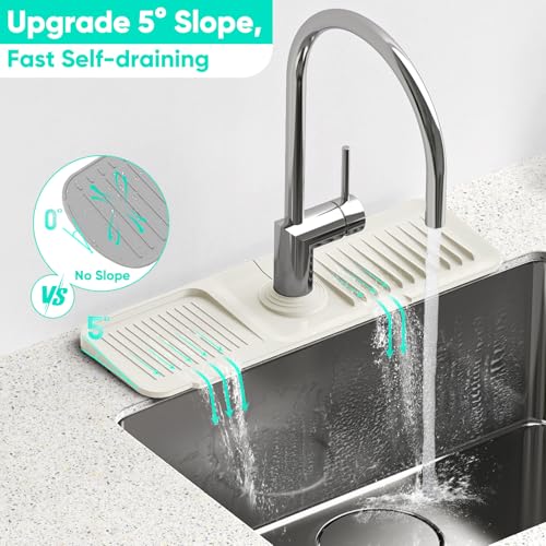 17.7inch Faucet Mat for Kitchen Sink [5°Slope Fast Self-draining] Faucet Mat Kitchen Sink Splash Guard Silicone Sink Splash Guard Kitchen Sink Area Tidy Splash Faucet Guard Draining Mat-Beige - color: Beige, size: 17.7" x 5.5"
