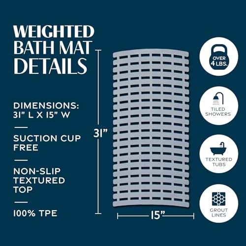 SlipX Solutions 31"x15" Weighted Non Slip Bath Mat for Textured Tubs, Gray | No Suction Cup Design, Safe For Refinished Bathtubs & Showers, Doesn't Float, Stays Put On Tile, Texture, & Stone - color: Gray