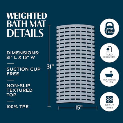 SlipX Solutions 31"x15" Weighted Non Slip Bath Mat for Textured Tubs, Gray | No Suction Cup Design, Safe For Refinished Bathtubs & Showers, Doesn't Float, Stays Put On Tile, Texture, & Stone - color: Gray