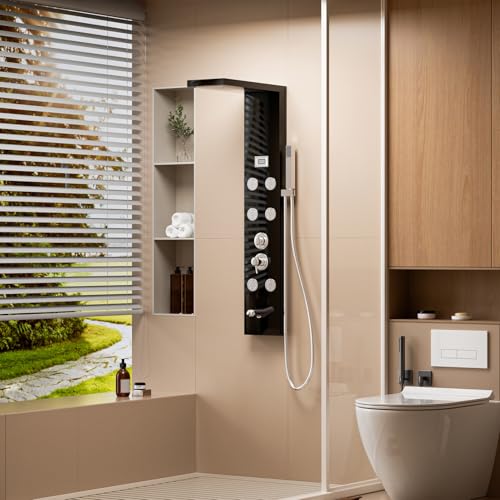Shower Panels System with Adjustable Rainfall Shower Head and 6 Body Massage Jets, Easy Temperature Control Anti-limescale Bath Screen Shower Head Set Gentle and Rain-Like Spray Handheld Sh