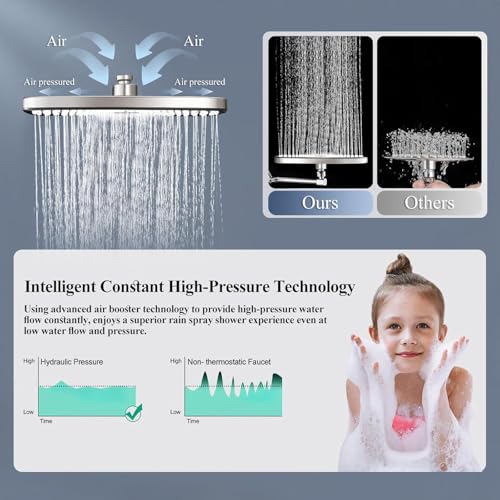 Rain Shower Head with Handheld Spray Combo, 12 Inch Rainfall Shower Heads with Adjustable Extention Arm, High Pressure Showerhead with 3-Way Diverter - Height/Angle Adjustable(Brushed Nickel) - color: Brushed Nickel, size: 12 Inch