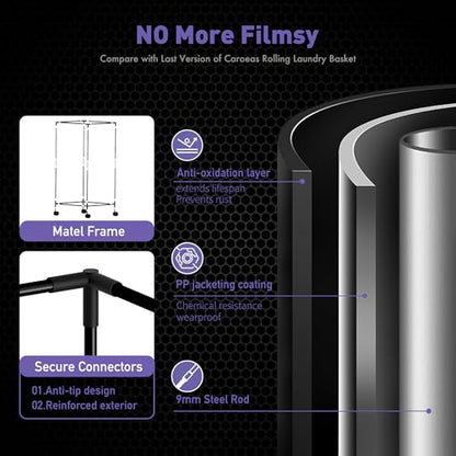 Caroeas Next-Gen 105L Matel Frame Laundry Basket with wheels, Heavy Duty Tall Rolling Laundry Hamper with Removable Wash Bag, Collapsible Freestanding Clothes Hamper (100L,Black,1Pack) - color: Black