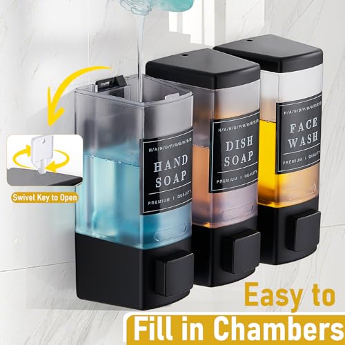Pollock Shampoo and Conditioner Dispenser 3 Chamber * 500ML | Shower Soap Dispenser Wall Mounted, Body Wash Dispenser No Drill, Refillable Shower Dispenser for Bathroom - color: Blk-zt-53-b3