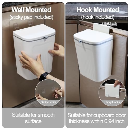 Zopnny Hanging Trash Can with Lid, 3.2 Gallon Under Sink Waste Bin | 12L Small Garbage Can for Cabinet Door or Wall Mount, Kitchen Compost Bin for Food Waste, White, 1 Pack