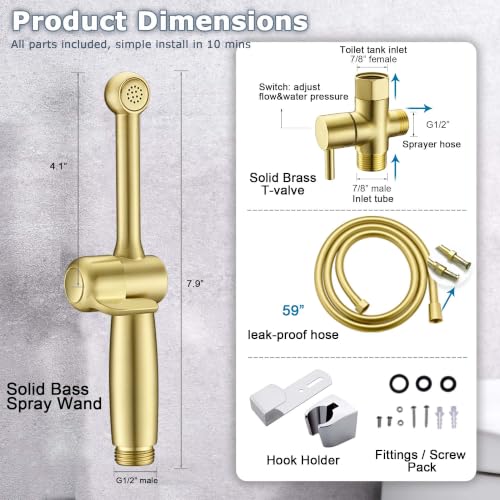 Handheld Bidet Sprayer for Toilet, Cloth Diaper Toilet Sprayer, Hand Held Bidet Attachment Brass 7.9" Bidet Wand, Adjustable Water Jet Spray with Backflow Preventer, Brushed Gold - color: Brushed Gold