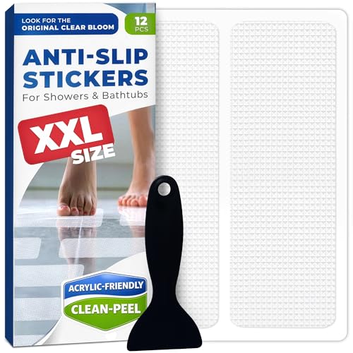 XXL Anti Slip Shower Stickers 12 PCS, Non-Slip Bath Tub Strips, White | Improves Grip and Traction on Wet Floors | Safety Option for Seniors & Adults | Peel-and-Stick Install, Scraper Tool Included - color: White