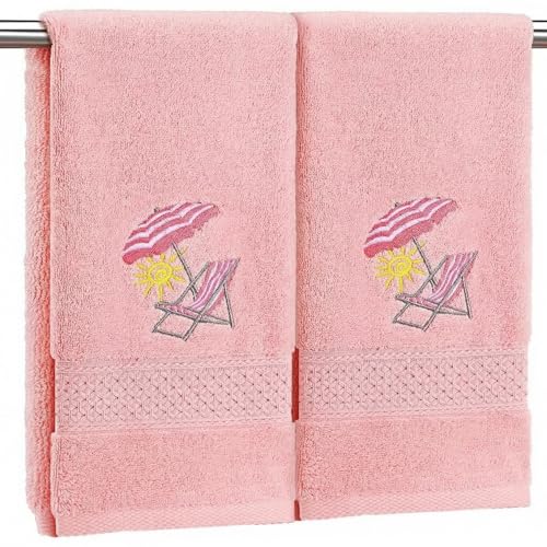 SmoothNovelty 2 Pcs Beach Chair Hand Towels Pink Bathroom Decor 14x29 Inch Embroidered 100% Cotton Soft Absorbent Spring Summer Decorative Hand Towels for Bathroom Kitchen - style: Cute Beach Chair
