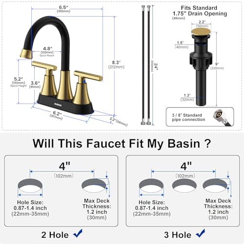 Bathroom Faucet, Hurran 4 inch Centerset 2-Handle Lead-Free, Black&Gold | Bathroom Sink Faucet with Pop-up Drain and Supply Lines, Stainless Steel Faucet for Vanity RV Restroom Laundry Outdoor Sink - color: Black& Gold