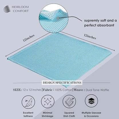 12 Pack Dual Tone Waffle Weave Dish Cloth, 12x12 Inches, 100% Cotton, Super Absorbent, Fast Dry, Durable Dishcloth Set, Soft Hand Towels, Cleaning, Machine Washable, Aqua Blue - color: Aqua Blue