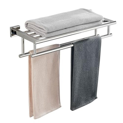 Towel Rack with Shelf 20 Inch Double Towel Racks for Bathroom Polished Chrome Bath Towel Holder SUS304 Stainless Steel Towel Rack Wall Mounted Modern Towel Hanger - color: Polished Chrome, size: 20 Inch/ 50cm