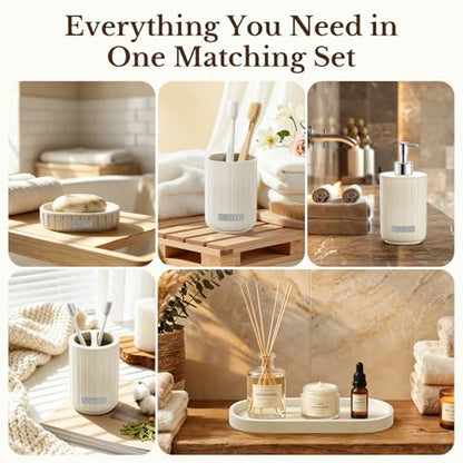 Bathroom Accessories Set 5 Piece, Cream Bathroom Set with Soap Dispenser, Soap Dish, Bathroom Vanity Tray, Toothbrush Holder and Toothbrush Cup, Modern Bathroom Accessory Set for Countertop