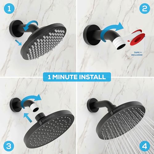 SparkPod Rain Shower Head, 6 Inch Round, Midnight Black Matte Finish | High Pressure Shower Heads, 90 Nozzles, Adjustable Showerhead, No Tools Needed, Universal Connection - color: Midnight Black Matte, style: 6 Inch Round