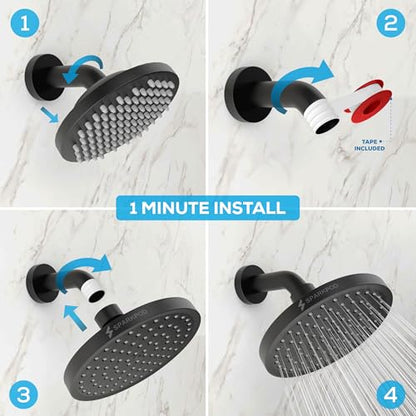 SparkPod Rain Shower Head, 6 Inch Round, Midnight Black Matte Finish | High Pressure Shower Heads, 90 Nozzles, Adjustable Showerhead, No Tools Needed, Universal Connection - color: Midnight Black Matte, style: 6 Inch Round
