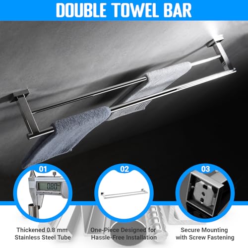 Miyili SUS304 Stainless Steel 5-Piece Bathroom Accessories Set with 30" Double Towel Bar, 5" Toilet Paper Holder, Towel Ring, 2 x Robe Hooks Bath Hardware Kit Wall Mount, Poilshed - color: Polished