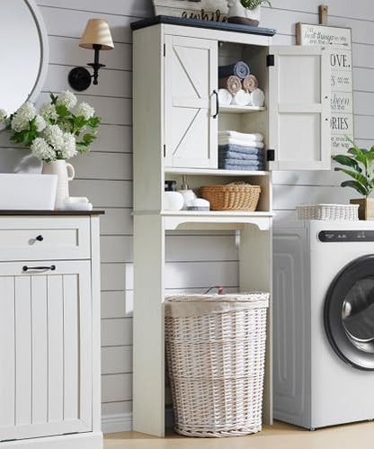 67" Farmhouse Over The Toilet Storage Bathroom Cabinet, Off White | Double Barn Doors, Adjustable Shelf, Open Cubby, Weathered Finish - color: Off White