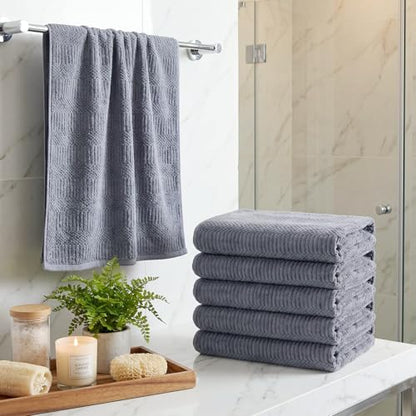 6 Pcs Microfiber Bath Towels Set 28" x 60" Large Quick Dry Gray Bath Towel Lightweight Soft Absorbent Bathroom Sheets Grey Waffle Coral Fleece Towel for Adult Body Pool Gym Spa Beach