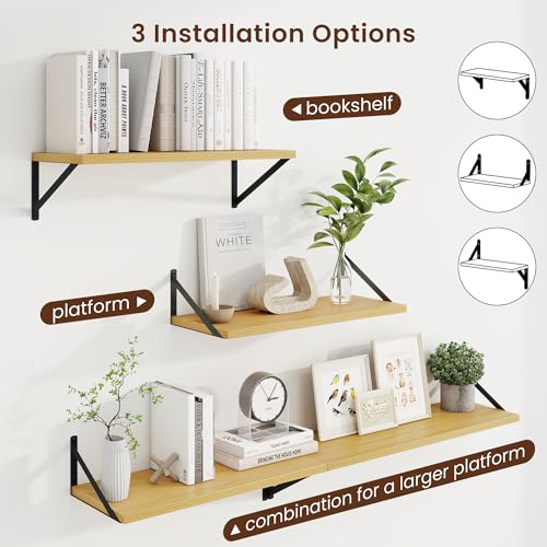 Deep Floating Shelves, 24'' x 10'' Oak Wall Shelves Set of 2 | 10 Inch Deep Shelves with Heavy Duty Brackets, Rustic Wood Shelves for Bathroom Living Room, Engineered Wood, 40LBS - color: Oak, size: 24W x 10D
